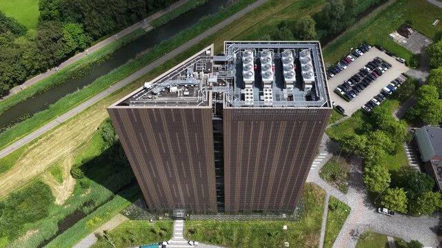 Aerial view of data center buildings at Amsterdam Science Park, showcasing digital infrastructure for cloud computing, colocation, big data, machine learning and AI services.