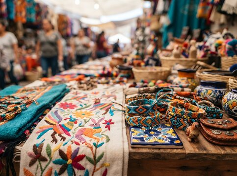 Vibrant Mexican Market Stall with Colorful Textiles and Crafts.