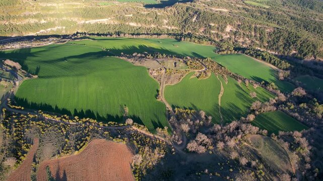 Forward reveal aerial shot of farmlands on sunny spring evening. Ceresola village, Huesca, Spain.