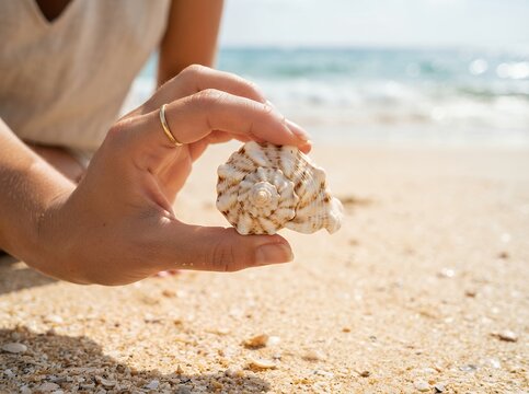 Woman holding a seashell on a sandy beach with ocean waves in the background.
