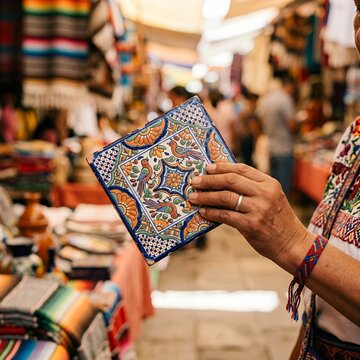 Woman holding a colorful Talavera tile in a bustling Mexican market.