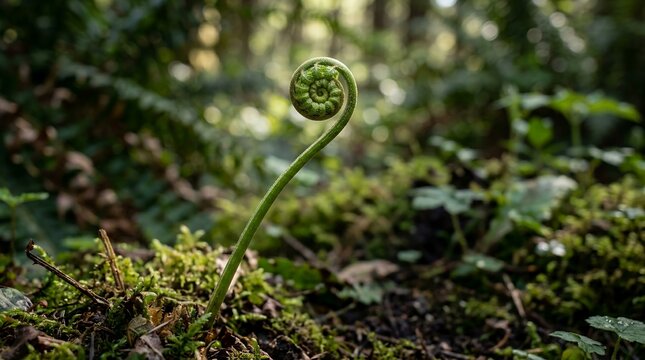 Young Fern Frond Unfurling in Lush Forest Sunlight.