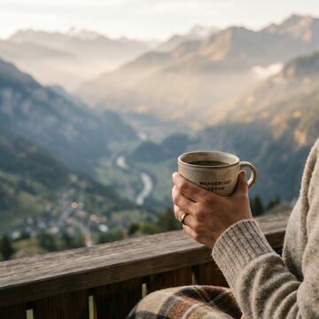 Woman holding a warm cup of coffee on a balcony overlooking a scenic mountain valley at sunrise.