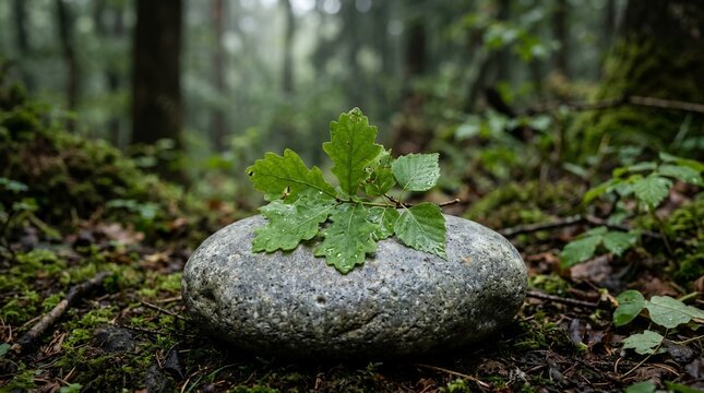 Young Plant Growing on Rock in Misty Forest.