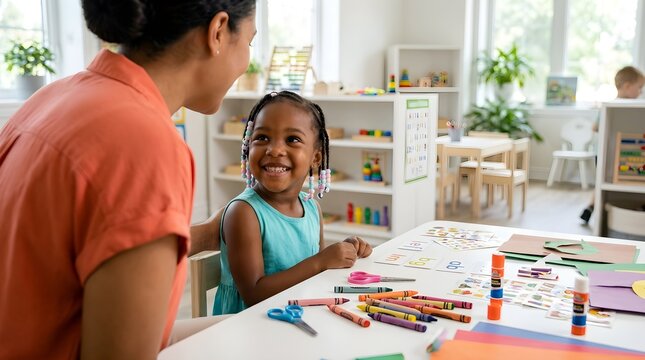A Female Teacher Mentoring a Young Girl During Art Activities in a Classroom