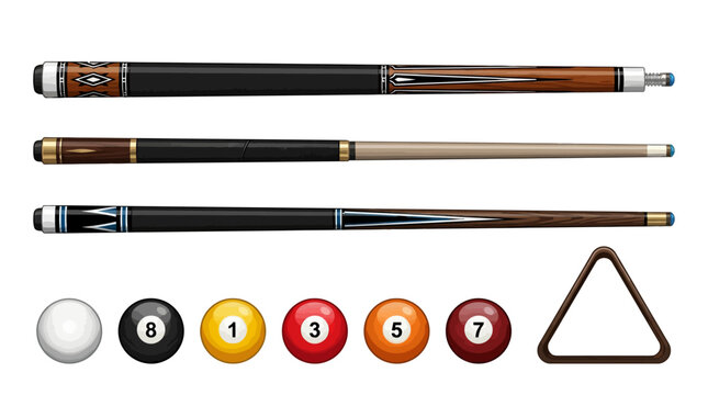 Professional Billiards Set Featuring Three Custom Wooden Pool Cues with Colorful Numbered Balls and a Classic Triangle Rack for Gaming