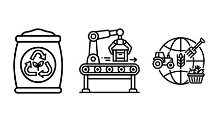 Obraz premium Set of sustainability and smart agriculture line art icons featuring recycling automated packing global farming logistics sustainability agriculture recycling automation logistics industry