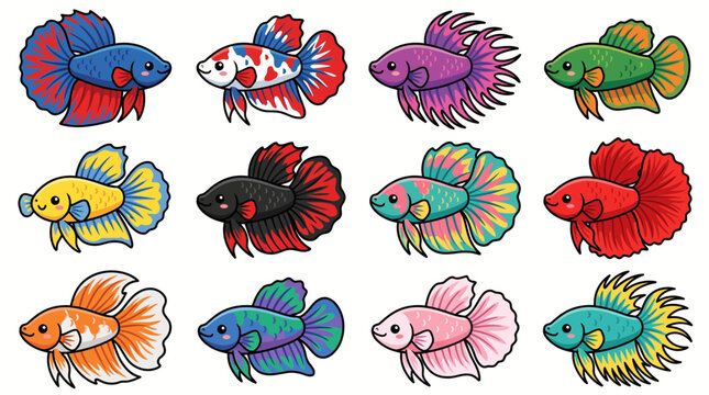 Kawaii Betta Fish Vector Set Cute Colorful Halfmoon Crowntail Siamese Fighting Fish Collection