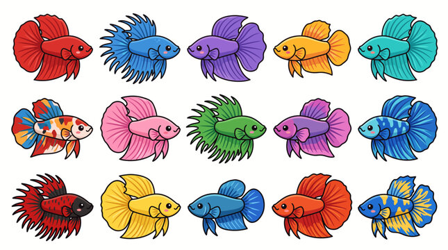 Cute Kawaii Ikan Cupang Collection Set Fifteen Colorful Cartoon Betta Fish with Big Fins Various Colors Isolated Illustration