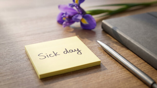 Yellow sticky note displaying 'Sick Day' message on wooden office desk with pen and bloom