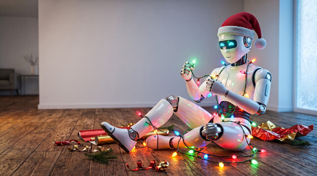 Sleek white humanoid robot assistant with a cheerful mood tangling in Christmas lights on wooden floor for a futuristic holiday scene with copy space