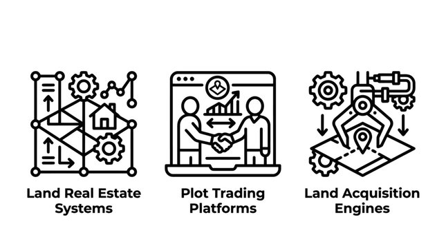 Land real estate and plot trading platform icon set with property acquisition business platform investment development location handshake contract technology construction planning