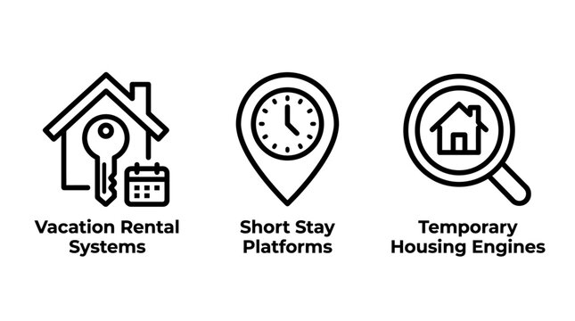 Icon set for vacation rental systems and short stay housing platforms with magnifying glass real estate vacation calendar location platform temporary property interface reservation schedule