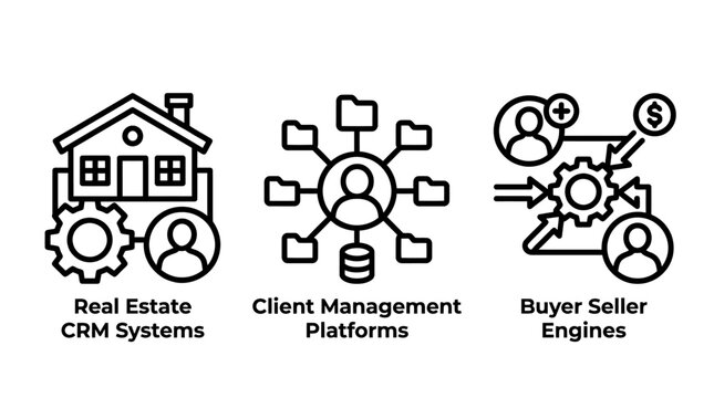 Real estate crm client management and sales tools icons with management platform business property customer relationship database software technology organization communication interaction