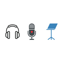 Fototapeta premium Music studio equipment icons including headphones, professional microphone and music stand over white background.