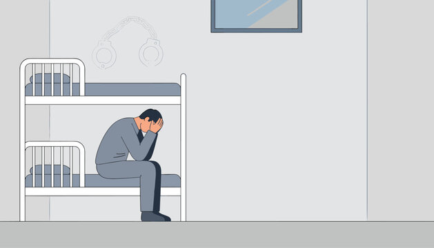 Depressed male prisoner sitting on bunk bed inside prison cell, suffering from loneliness and guilt in confinement.