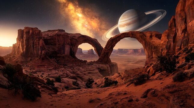 Surreal alien landscape with natural rock arch under a giant ringed planet and glowing cosmic nebula