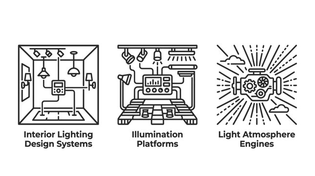 Interior lighting design and atmosphere automation icons with lighting interior atmosphere illumination technology automation platform architecture technical solution fixtures spotlights