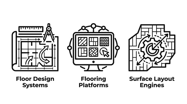Floor design systems and surface layout software icons with flooring platform architecture construction blueprint geometry planning modeling software engineering technical building