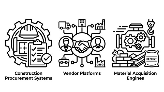 Construction procurement and vendor management process icons with supply chain construction procurement management building materials logistics contractors partnerships infrastructure