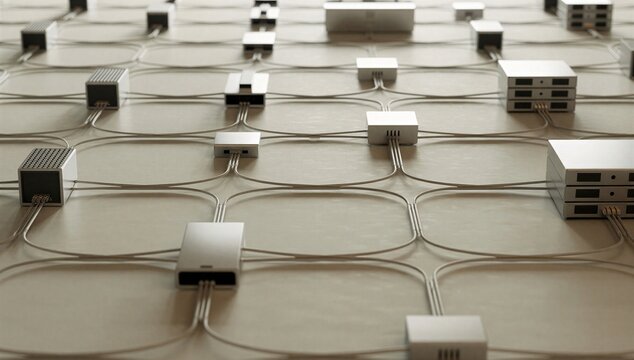 Modular device linked by cable on a grid, illustrating network topology, node connection, and system architecture concept.