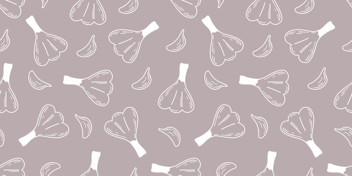 Hand drawn white garlic silhouette on colored background. Seamless pattern with this hot spice. Garlic head with cloves. Healthy organic food, spice print. Vector graphics