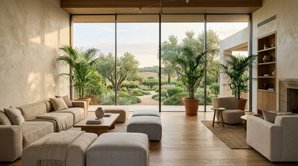 Fototapeta premium Modern Living Room with Panoramic Garden View