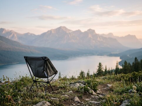 Empty Folding Chair Overlooking Serene Mountain Lake Landscape at Sunset.