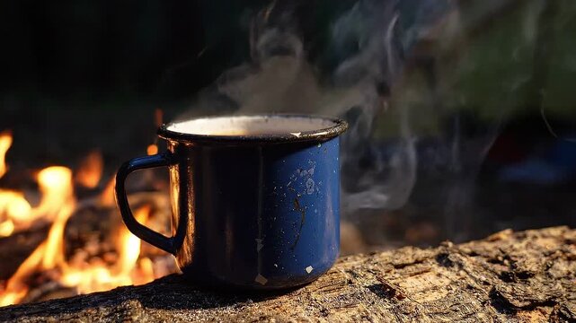 Blue enamel mug filled with steaming beverage sits on a log beside a campfire, with flames flickering and smoke rising in a natural outdoor setting