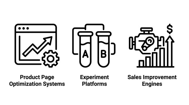Business process optimization icons set depicting product page systems experiment platforms and sales engines with optimization business analytics development management strategy workflow