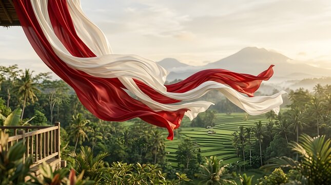 Red And White Fabric Indonesian independence Flag Waves at Indonesian Nature and Urban Landscape, made by Ai