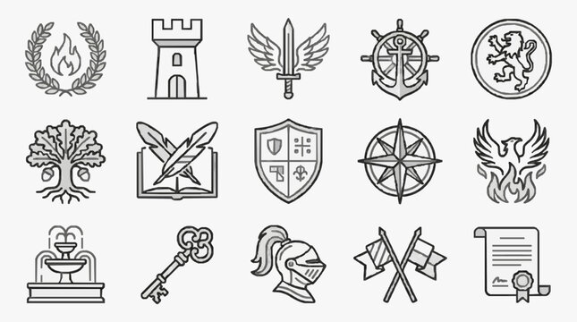 Clean Minimalist Black and White Line Art Icons Set of Medieval Heraldic and Academic Symbols with high quality professional line art symbols for modern creative design and digital branding projects
