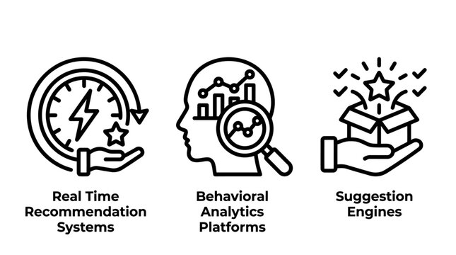 Advanced data analytics and AI recommendation systems icons with analytics recommendation intelligence behavior business technology software innovation marketing customer strategy platform