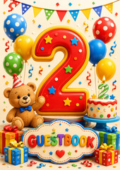 Naklejka premium Adorable second birthday guestbook cover featuring a smiling teddy bear, colorful balloons, birthday cake, wrapped gifts, and playful decorations. Ideal for children's birthday guestbooks, invitations
