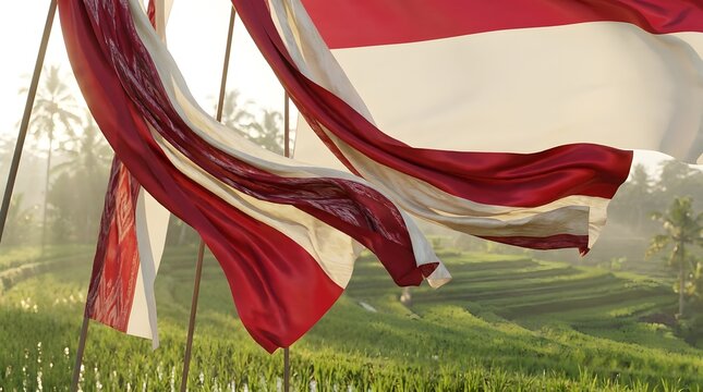 Red And White Fabric Indonesian independence Flag Waves at Indonesian Nature and Urban Landscape, made by Ai