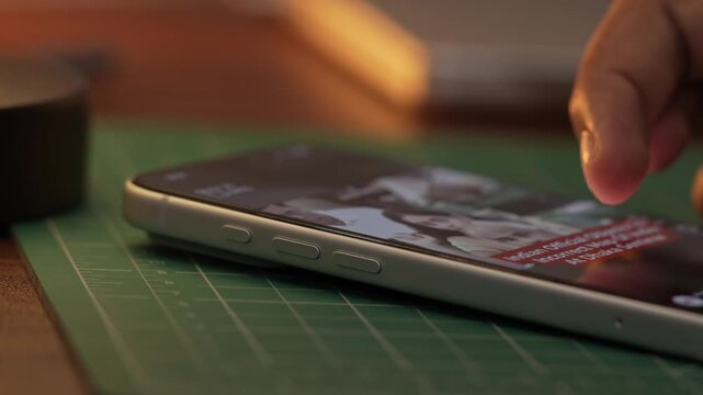 Close-up of a hand scrolling through a social media feed on a smartphone, depicting digital addiction, mindless browsing, and screen dependency in daily life and prolonged scrolling.