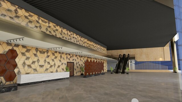 Luxury Hotel Lobby with Reception Desk and Escalator. Modern Interior, Hospitality, Business, Elegant Architecture