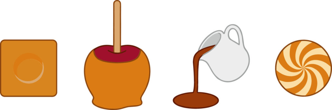 Sweet Caramel Dessert Vector Set Featuring Soft Toffee Square Dipped Candy Apple Pouring Syrup Pitcher and Swirl Candy Lollipop Icons