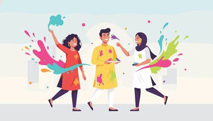 Fototapeta premium Cheerful friends celebrate the festive Indian festival of Holi by throwing vibrant colored powders and paint splashes.