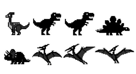 Naklejka premium Set of Retro Pixel Art Dinosaur Silhouettes Including T-Rex, Triceratops, and Pterodactyl for Game Design