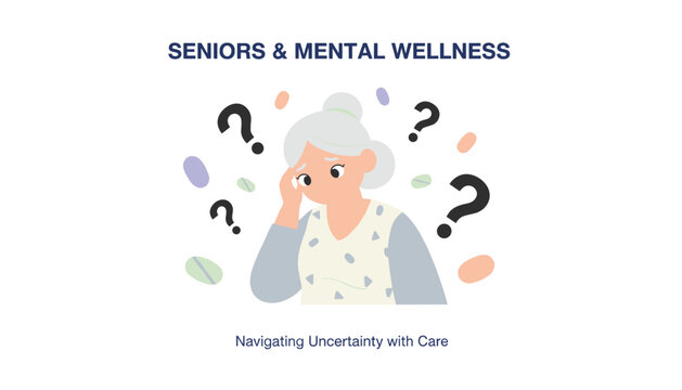 Educational banner about senior mental wellness shows a confused elderly woman surrounded by question marks.