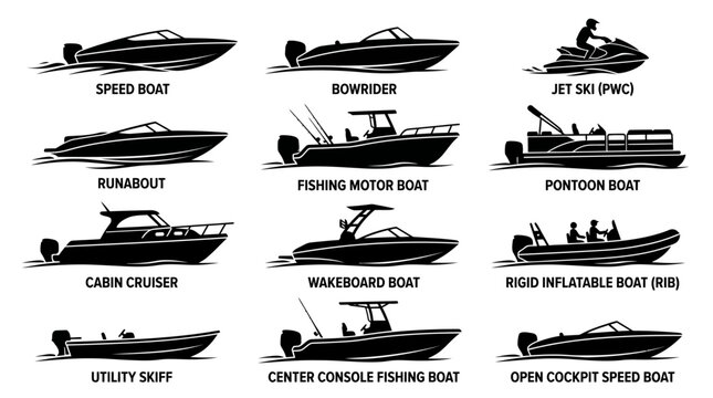 Vector illustrations showcasing diverse recreational boats and personal watercraft types.