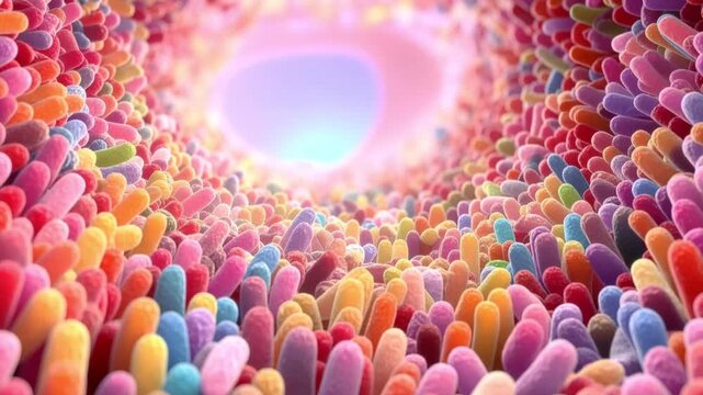 Camera Moving Through Healthy Intestinal Villi, 3D Medical Animation.