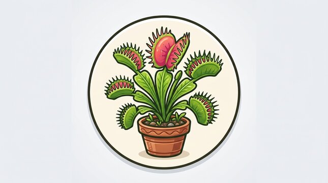 *A cartoon Venus flytrap in a brown pot. Green leaves with red, spiky traps. Cute, colorful illustration inside a cream circle frame.*