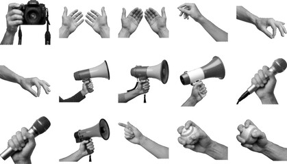 Comprehensive set of human hands holding camera megaphones microphones ball and showing various gestures in black and white halftone dotted style communication photography and body language collection © md ruhul amin