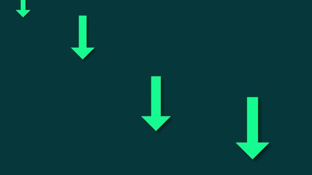 Green arrows market drop animation points down on teal background. Arrows market drop layout indicates financial losses. Market drop animation loops cleanly for business.