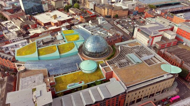 Clockwise 4K 60FPS aerial video of the Victoria Square dome and Belfast City Centre, Northern Ireland in the UK. Produced in broadcast ready Rec709 color.