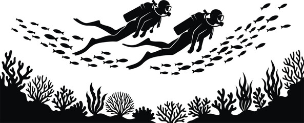 Scuba divers swimming underwater with school of fish and coral reef silhouette vector illustration © Asaduzzaman