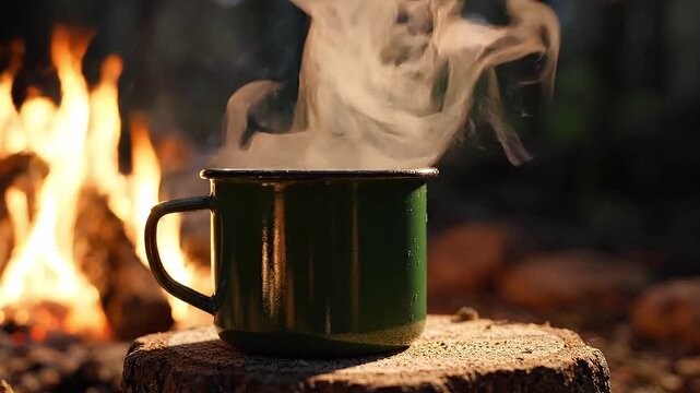 Green enamel camping mug with steam rising sits on a wooden stump beside a crackling campfire in a forest setting, creating a cozy outdoor atmosphere