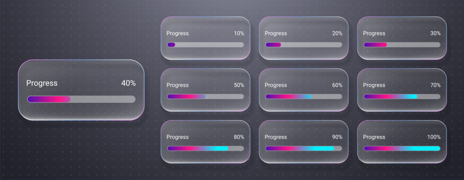Modern progress infographic loading bar collection 10 to 100 percent in transparent liquid glass effect on dark doted background. Loading data interface for dashboard UI analytics
